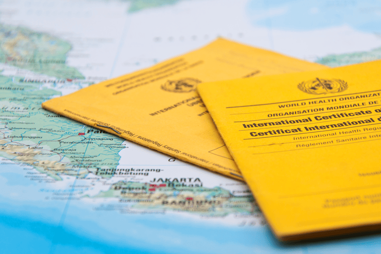 general-passport-vaccine-book-yellow-on-map