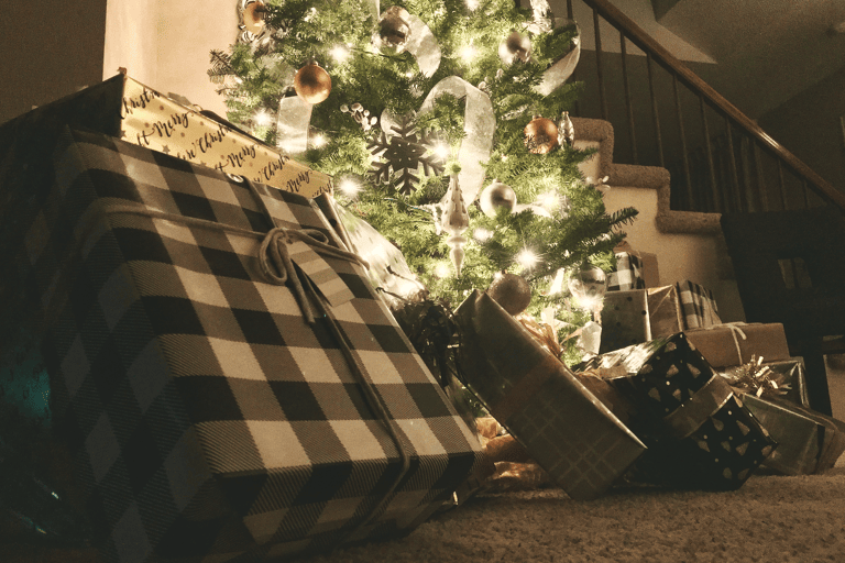 generic-christmas-tree-presents-lights-nighttime-black-white