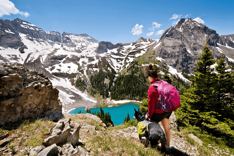 north-america-colorado-mt-sneffels-wilderness-blue-lake-hiker-female-dog
